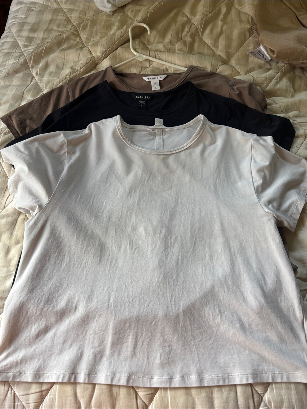 Lot of 3-Athleta womens Short Sleeve Crew T-Shirt in White, Black, Taupe